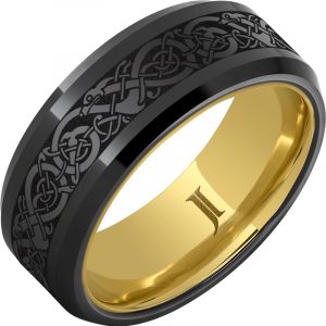 The Viking - Black Diamond Ceramic™ Engraved Ring with Hidden Gold™ Interior