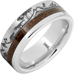 Serinium® Ring with Dinosaur Bone Inlay and Dinosaur Landscape Engraving