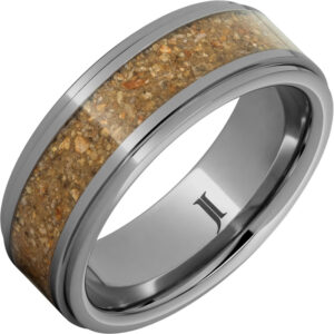 Rugged Tungsten™ Ring with Tan-Brown Dinosaur Bone Fossil Inlay and Flat Recessed Edges