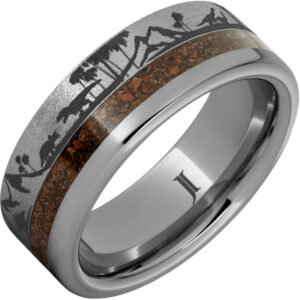 Rugged Tungsten™ Ring with Dinosaur Bone Inlay and Dinosaur Landscape Engraving