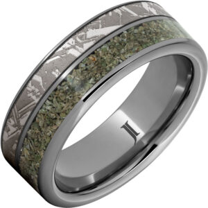 Death from the Sky - Rugged Tungsten™ Dinosaur Fossil Inlay Ring with Meteorite Engraving
