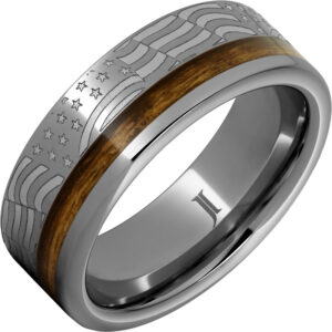 Whiskey Rebellion - Rugged Tungsten™ Ring with Bourbon Barrel Inlay and American Flag Engraving