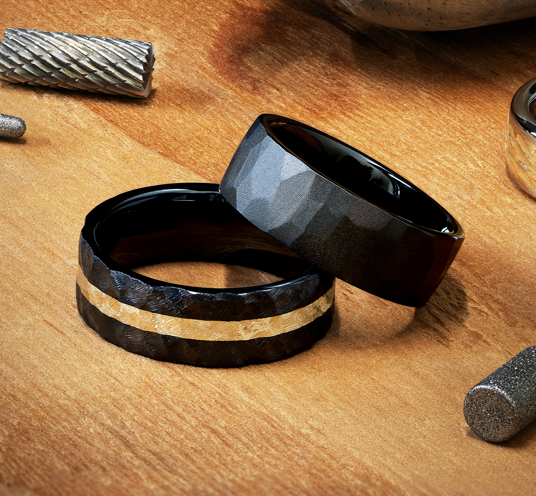 photo of two black diamond ceramic rings and hand crafted finishes