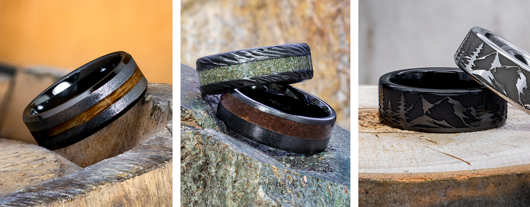 image showing black diamond ceramic rings, one with bourbon barrel wood inlay, two with dinosaur bone inlays, and one engraved with mountain pine scene