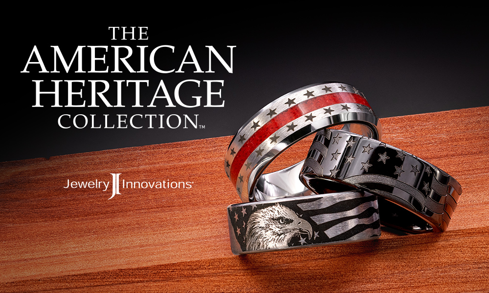 The American Heritage Collection Logo with 3 mens rings on red wood